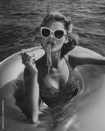 Glamorous 1950s Italian woman eating spaghetti on a floatie on the beach, black and white