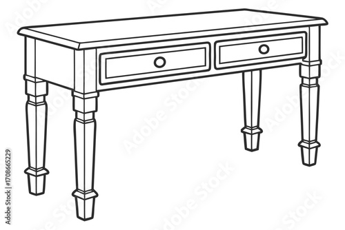 Line Art Drawing of a Two Drawer Console Table with Turned Legs furniture hallway furniture