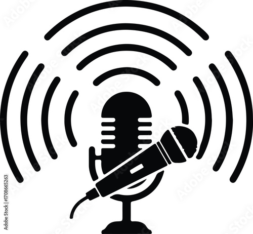 Microphone broadcasting wave symbol for podcast streaming vector illustrator