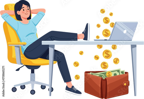 Relaxed woman achieving financial success and earning money easily online