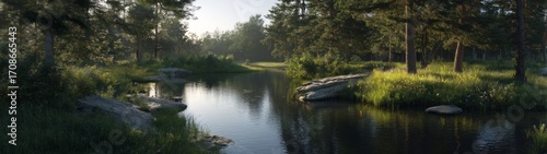 Serenity of a curved river bend surrounded by lush trees hdri panoramic landscape tranquil morning light