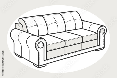 Line Art Illustration of a Classic Three- Seater Sofa with Tufted Cushions couch furniture