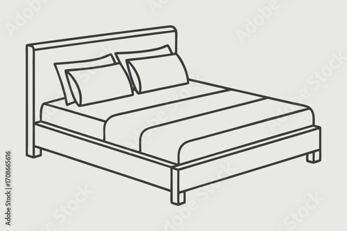 Line Art Illustration of a Double Bed with Pillows and Duvet bedroom furniture