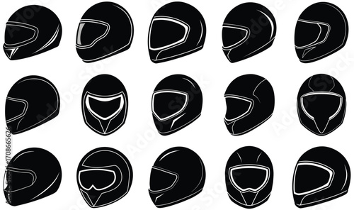 Collection of black motorcycle helmets with visors on a white background racing safety
