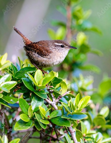 A small brown bird perches on a leafy branch