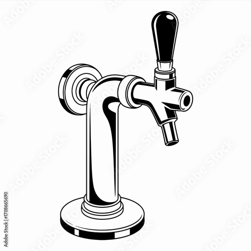 Vintage Beer Tap Illustration Detailed black and white art of a classic draft beer dispenser for pubs and bars.