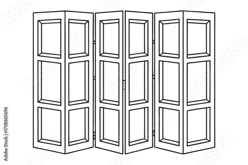 Line art illustration of a four-panel folding screen room divider on white background drawing