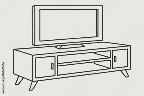 Line Art Illustration of a Modern Television Stand with Flat Screen TV cabinet furniture