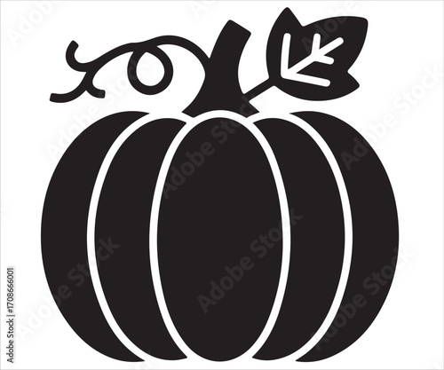 Pumpkin black silhouette vector illustration with leaf isolated on white background