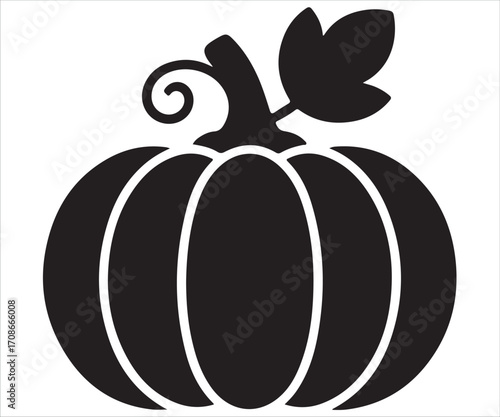 Black silhouette of pumpkin with leaf isolated on white background, simple vegetable vector illustration for Halloween, autumn harvest, Thanksgiving, organic food, agriculture, and festive design use