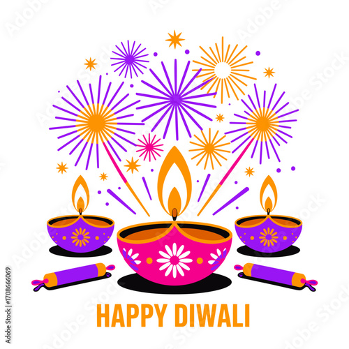 Happy Diwali celebration, trio of lamps, sparkling fireworks above, joyful holiday banner, elegant greeting template, bright vector design