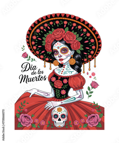 Catrina woman with skull makeup and sombrero sugar skull