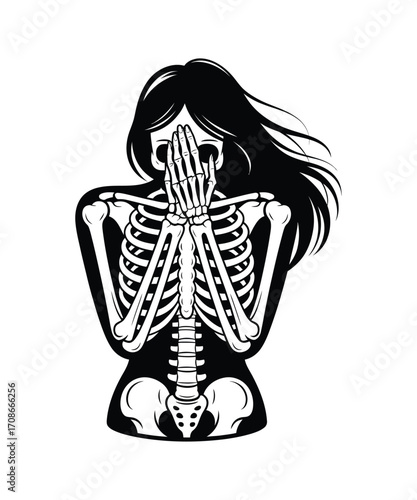 Black skeleton with long hair covering face human skeleton