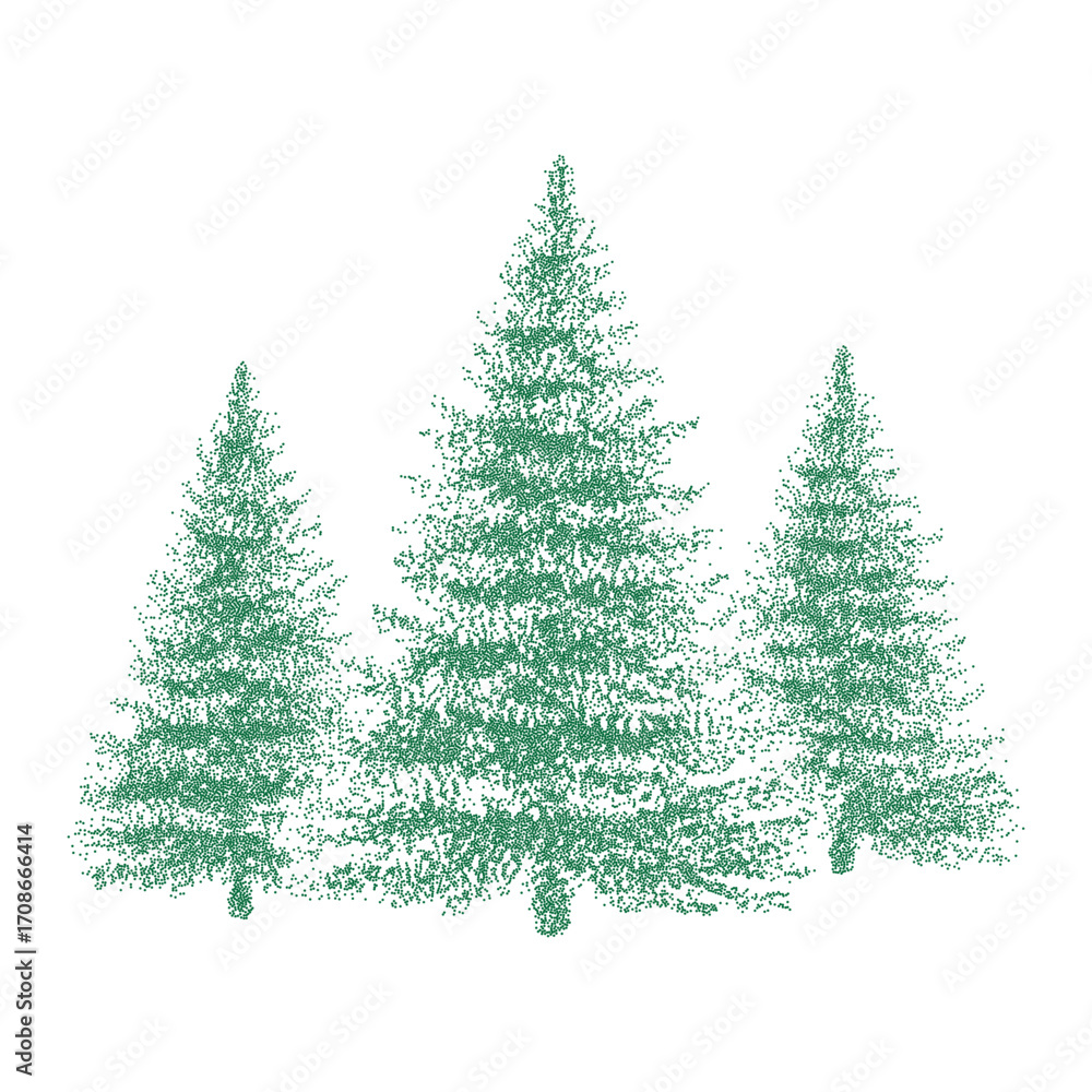 Fototapeta premium Vector illustration of three green fir trees in dotwork stippling style, detailed evergreen forest elements for Christmas, holiday design, natural decoration and graphic projects