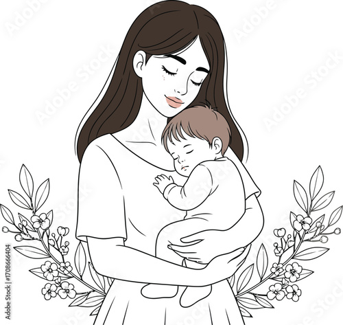 Tender embrace of a mother holding her sleeping baby, surrounded by delicate floral elements