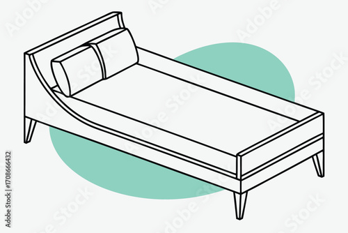 Line Art Isometric Daybed with Pillows and Teal Circle Background sofa couch