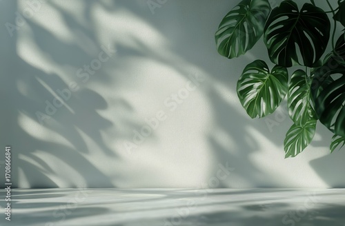 Green Monstera Leaves Casting Shadows in Soft Light on a Light Background.