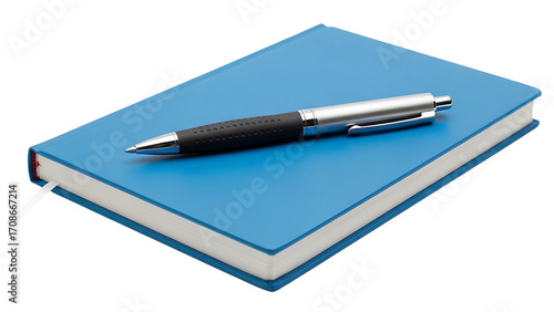 Blue notebook with pen mockup for writing journal notes and planning office supplies on white background on transparent background