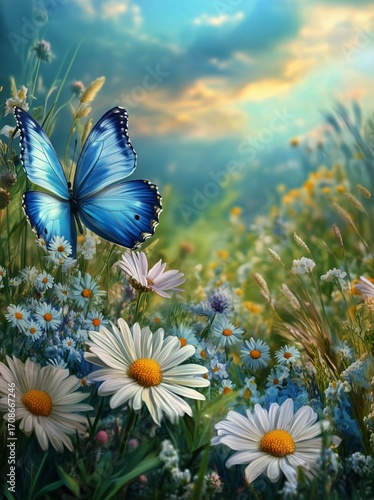 Bright Blue Butterfly Rests on Flowers in a Vibrant Meadow During a Sunny Day