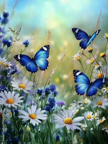 Bright Blue Butterfly Rests on Flowers in a Vibrant Meadow During a Sunny Day.