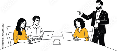 Manager directs team during a meeting, illustrating workplace dynamics and collaboration.