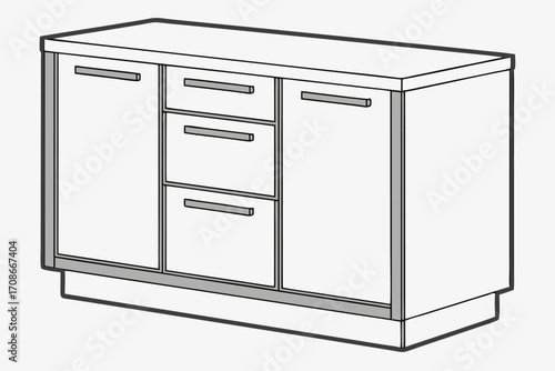 Modern white kitchen cabinet with drawers and doors on a light gray background furniture storage