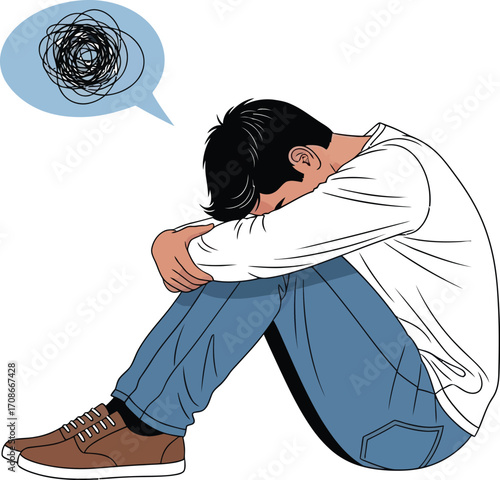 Young man curled up in a ball, overwhelmed by chaotic thoughts and emotional distress.
