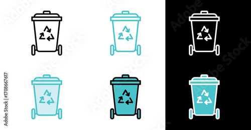 Trash bin with recycling symbol icon in line and fill style