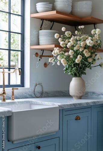 Bright Blue Kitchen With Flowers and Shelves Showcasing Dishes in a Cozy Home...