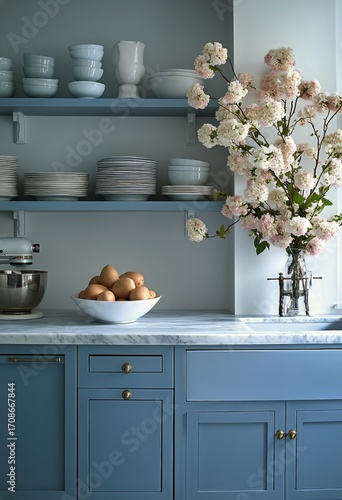 Beautiful Modern Kitchen With Blue Cabinets and Decorative Flowers Arranged E...