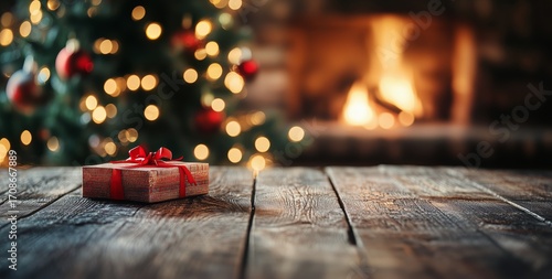 Present Under a Christmas Tree With Warm Lights and a Cozy Fireplace in the B...