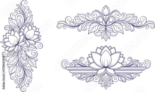 Elegant floral ornamental designs with blooming lotus flowers and swirling leaves