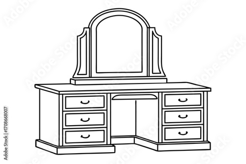 Outline drawing of a classic vanity table with an arched mirror and drawers Keywords: vanity, table