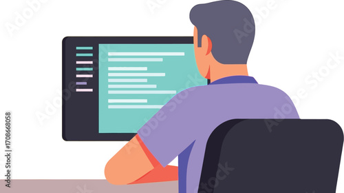 Focused programmer coding on a computer screen in a modern workspace, illustration