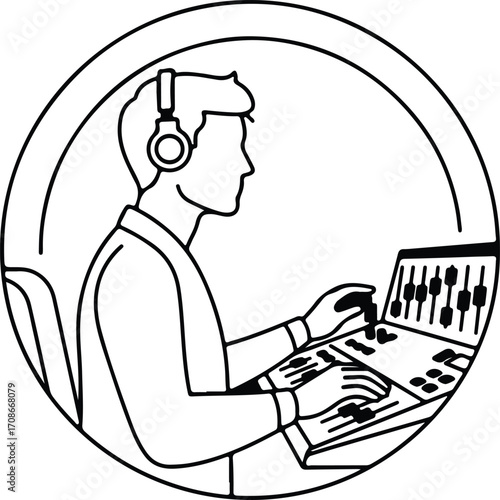 Sound engineer operating mixing console in recording studio vector illustrator
