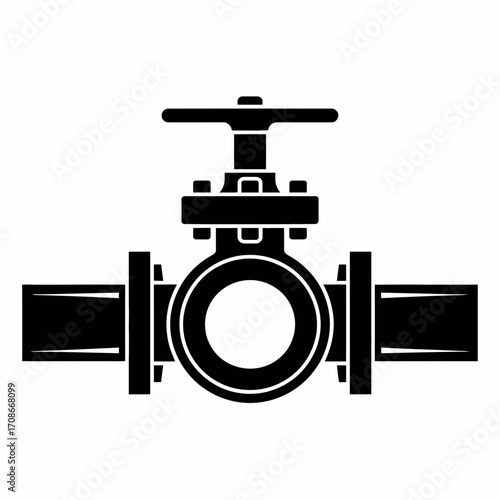 Industrial Pipeline Valve Control System Isolated on White Background - Black and White Illustration