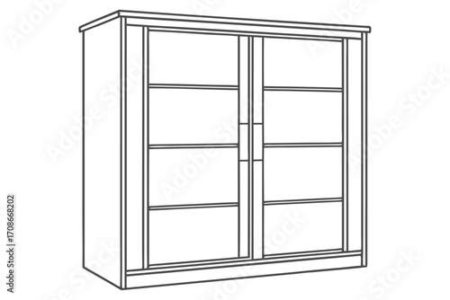 Outline drawing of a glass door cabinet with shelves doors