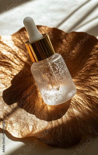 Glass Dropper Bottle on Golden Leaf Background With Soft Light at Afternoon