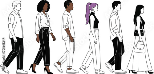 Diverse group of people walking forward in profile, representing progress and unity