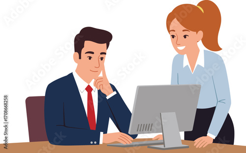 Business team working at desk, office collaboration, female employee helping coworker, teamwork discussion, problem solving, corporate training, computer screen focus