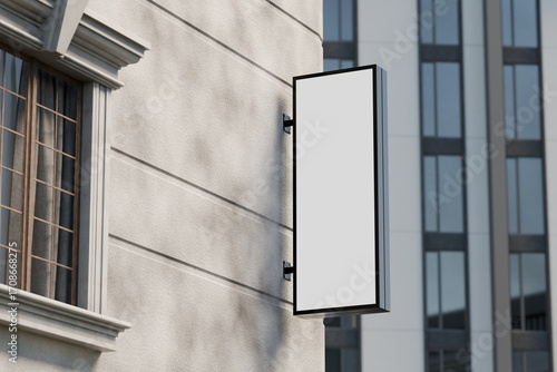 Blank vertical blade storefront sign on stucco wall mockup.