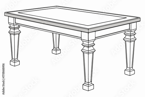 Outline drawing of a rectangular wooden table with ornate legs furniture dining