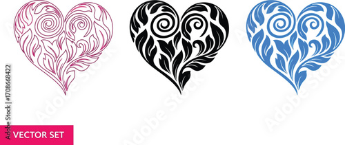 Elegant floral heart designs in pink, black, and blue on white background
