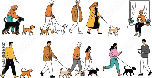 Diverse group of people enjoying walks with their dogs in various outdoor settings.