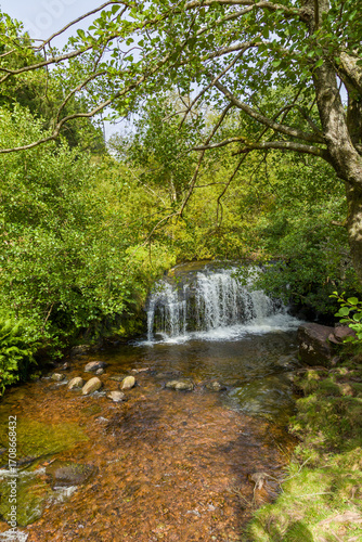 Blaen-y-Glyn waterfall cascading into a shallow stream in Brecon Beacons, Wales