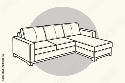 Outline Drawing of a Sectional Sofa with Chaise Lounge Inside Circle Keywords: sofa, outline, drawing