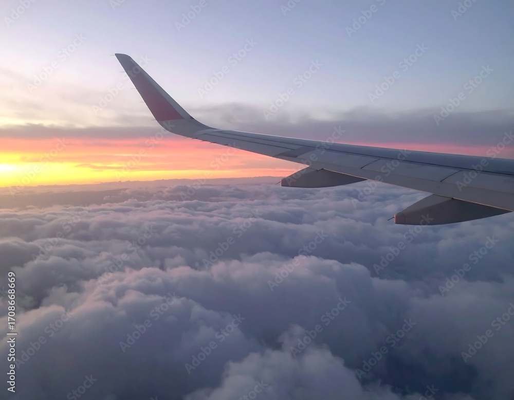 Fototapeta premium Airplane wing over a colorful sunset view of clouds
