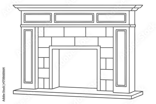 Outline drawing of a stone fireplace with decorative panels and a wide mantel Keywords: fireplace, stone