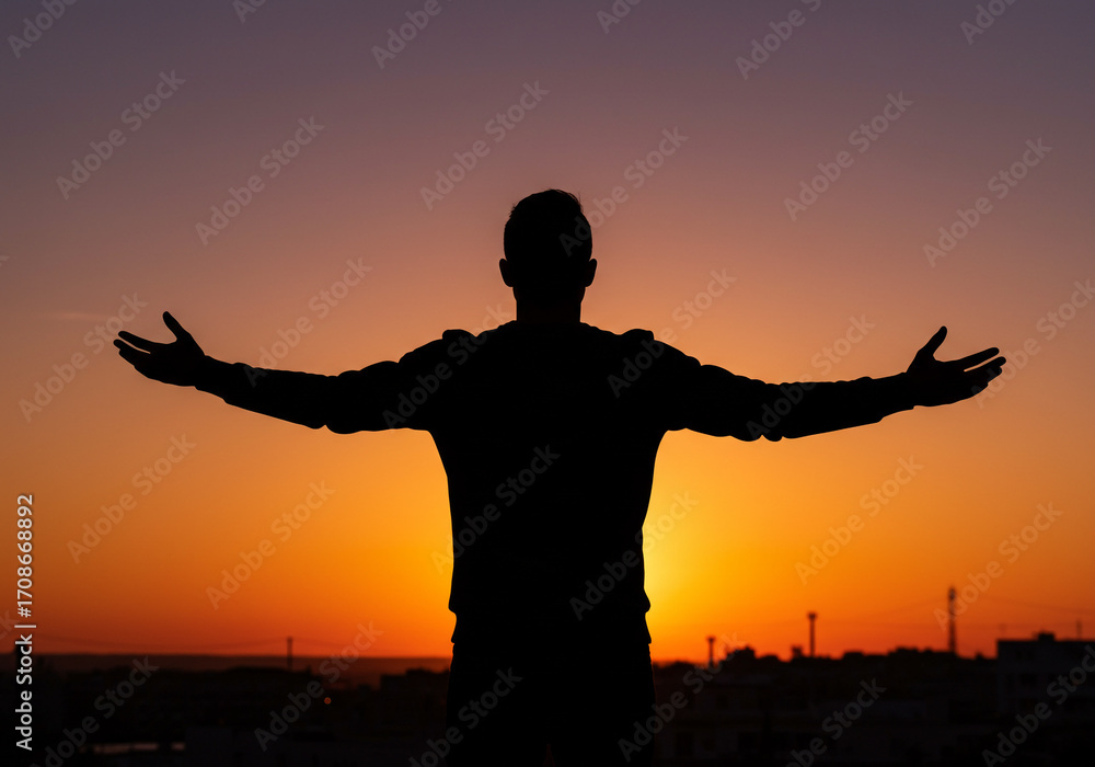 Fototapeta premium Silhouette of a person with open arms embracing the vibrant sunset sky, symbolizing freedom and hope.