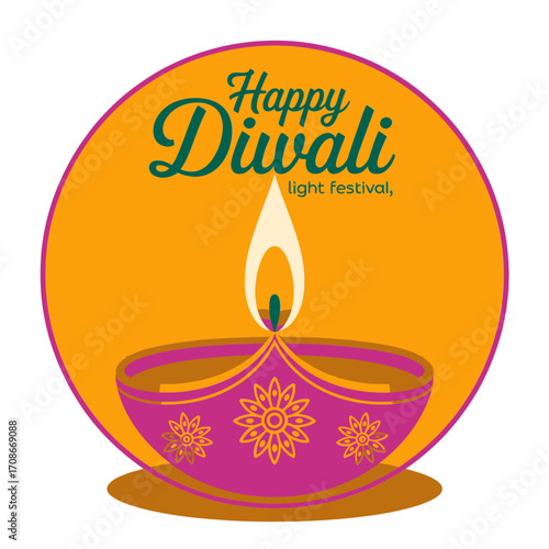 Happy Diwali round badge, golden lamp inside, warm orange background, classic festival emblem, greeting label design, vector artwork
